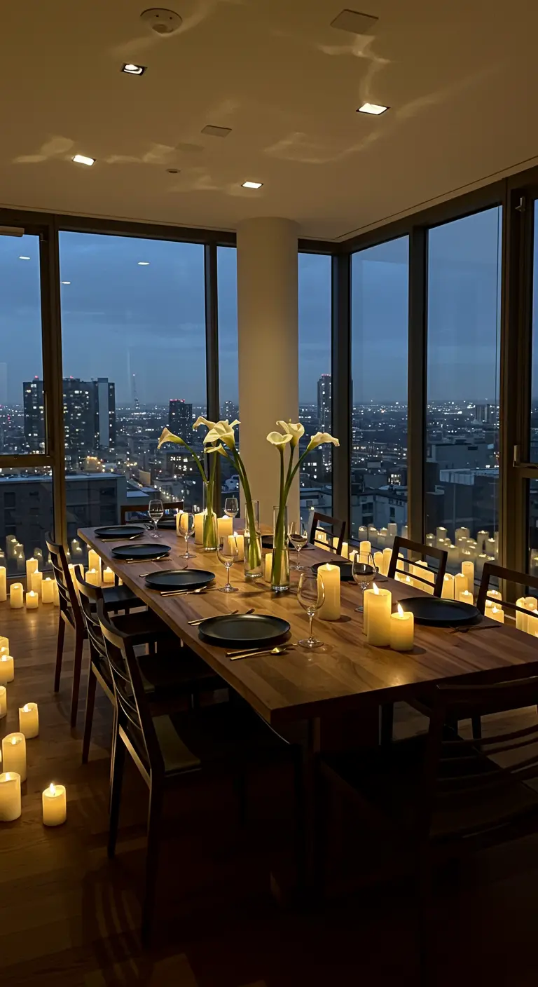 Diner bij kaarslicht in een appartement met uitzicht op de stad 's nachts.