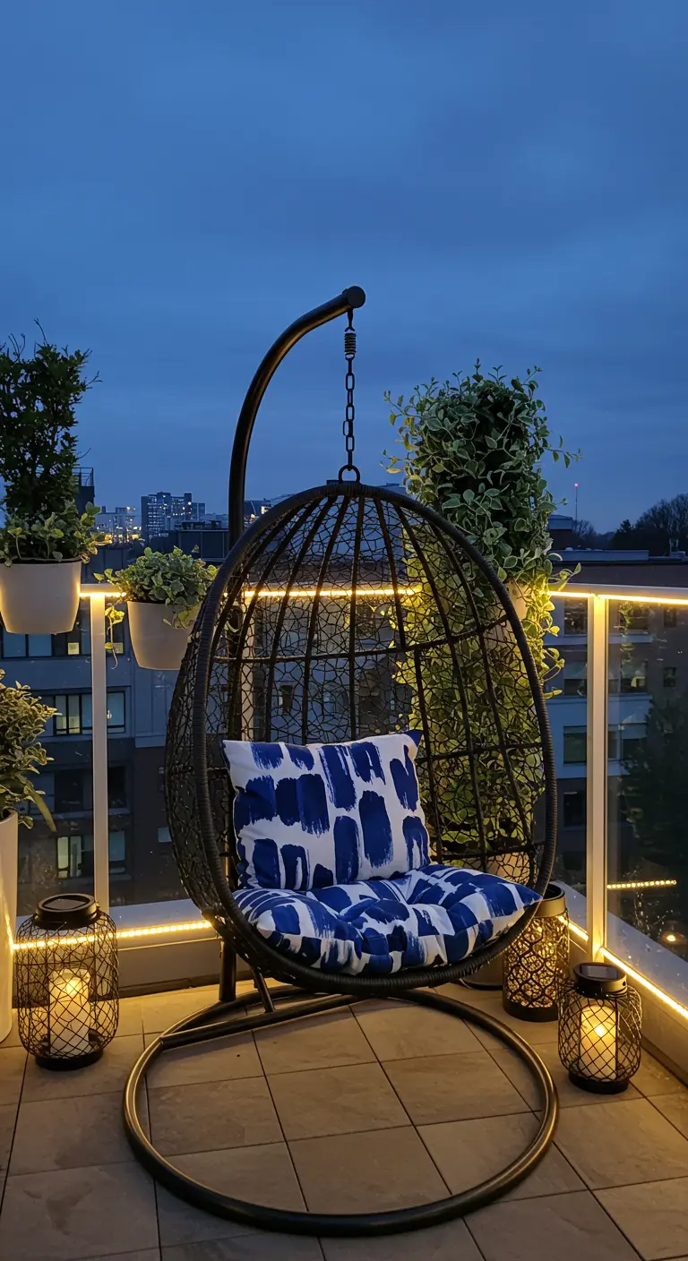 Moderne zwarte eivormige hangstoel op een balkon bij nacht, met LED-verlichting en blauw kussen.