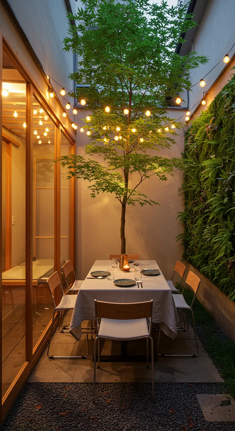 Smalle patio met eettafel, lichtslingers en een verticale plantenwand.
