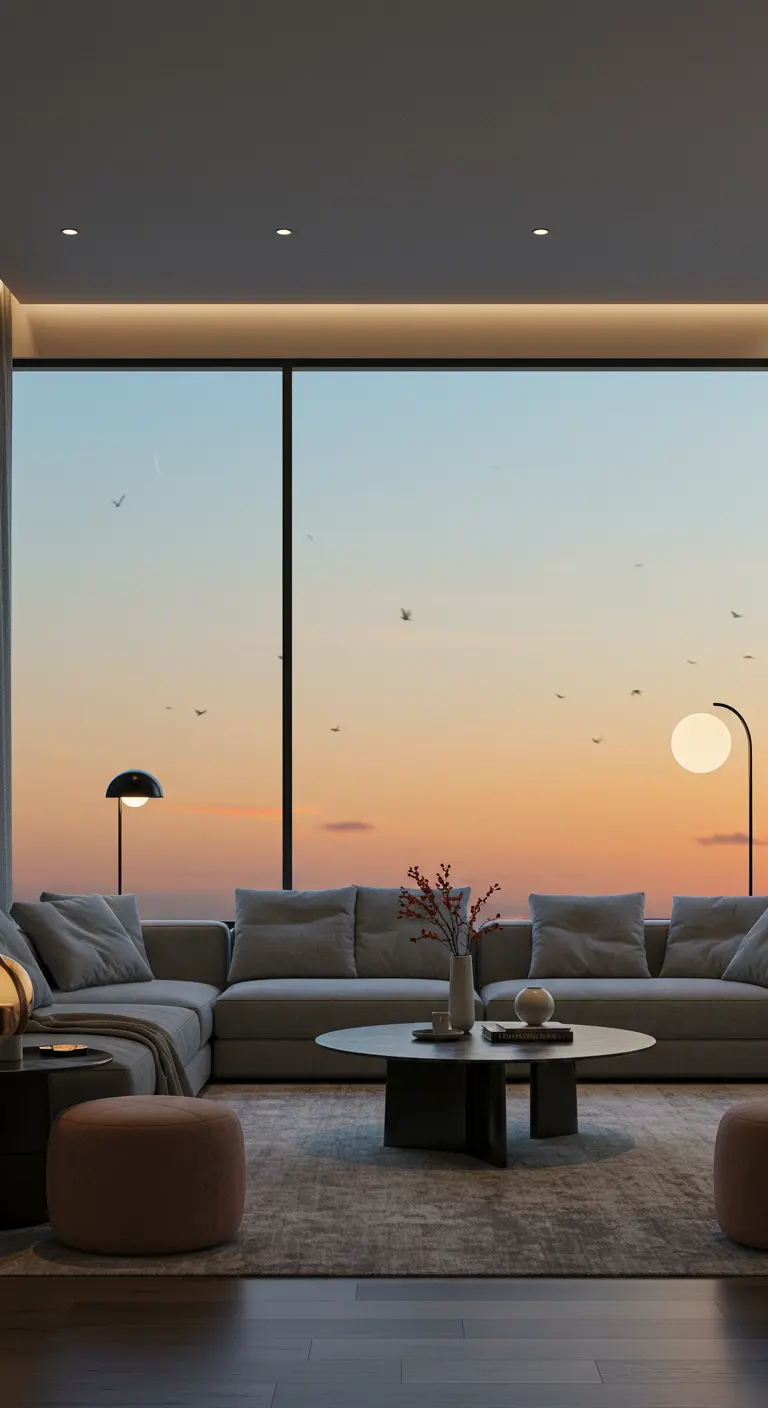 Moderne woonkamer met grote ramen, stadszicht bij zonsondergang, grijze bank, oranje poef.