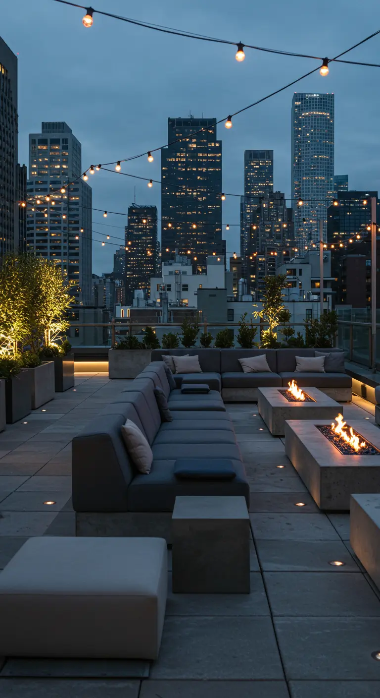 Rooftop lounge met moderne grijze banken, vuurplaatsen en stadsgezicht bij schemering.