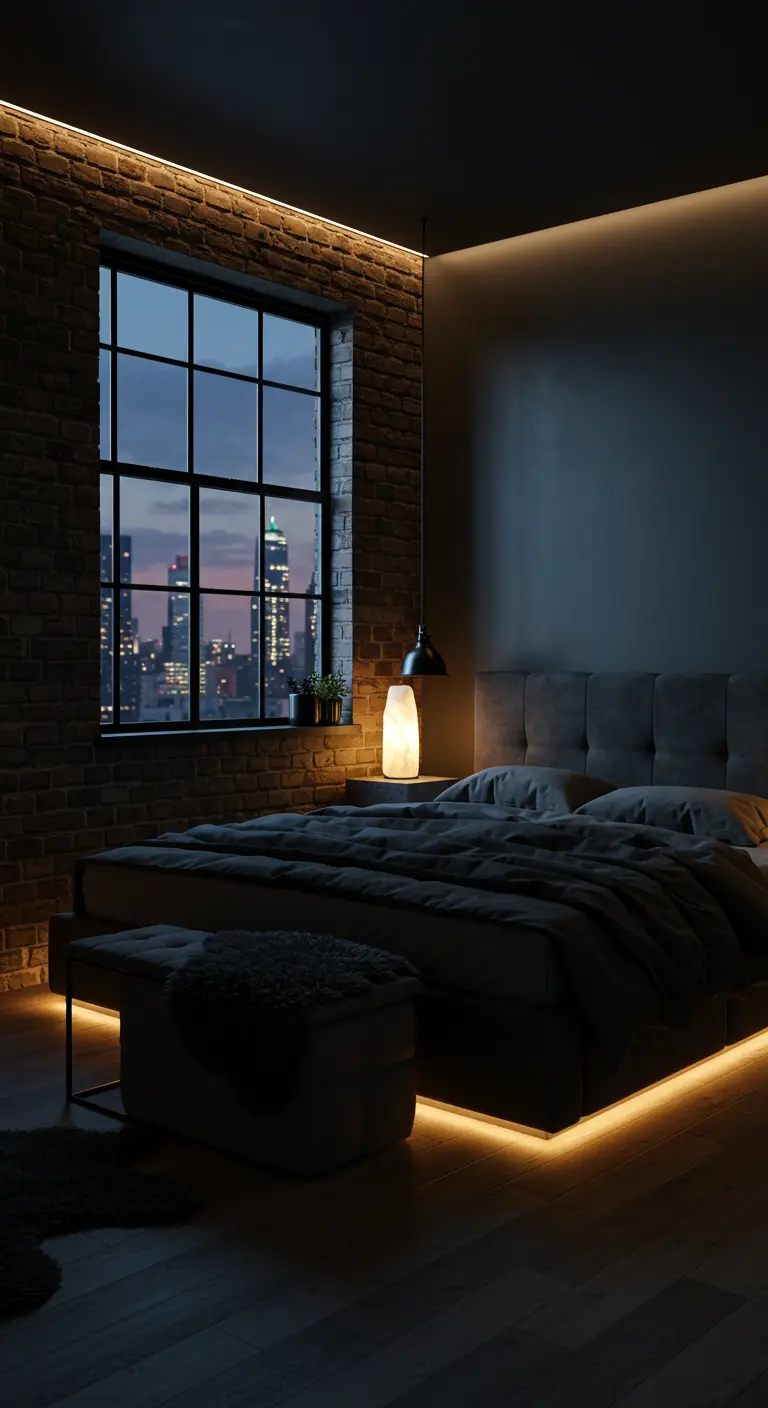 Moderne slaapkamer met bakstenen muur, stadszicht, en warme LED stripverlichting langs plafond en bed.