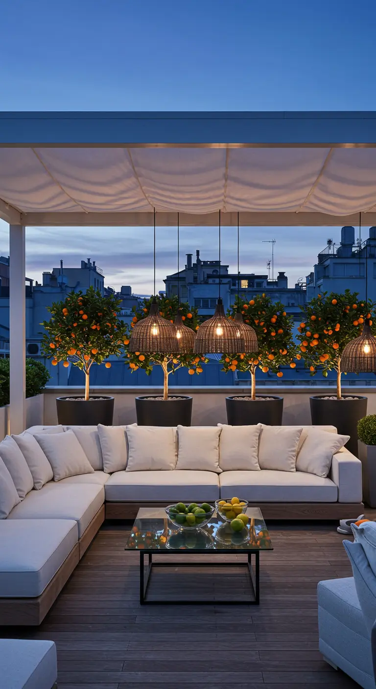 Modern dakterras 's avonds met witte loungebank en verlichte rotan lampen boven citrusbomen.