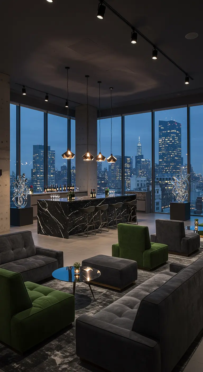 Moderne lounge met stadsskyline, zwarte marmeren bar en groene accentstoelen.