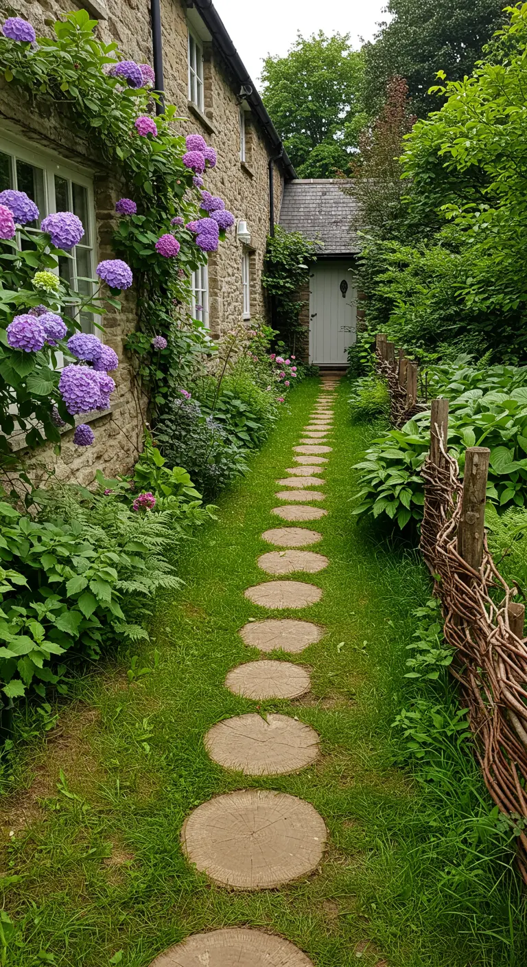 Een pad van ronde boomschijven door een groen gazon, naast een stenen huis met paarse hortensia's.