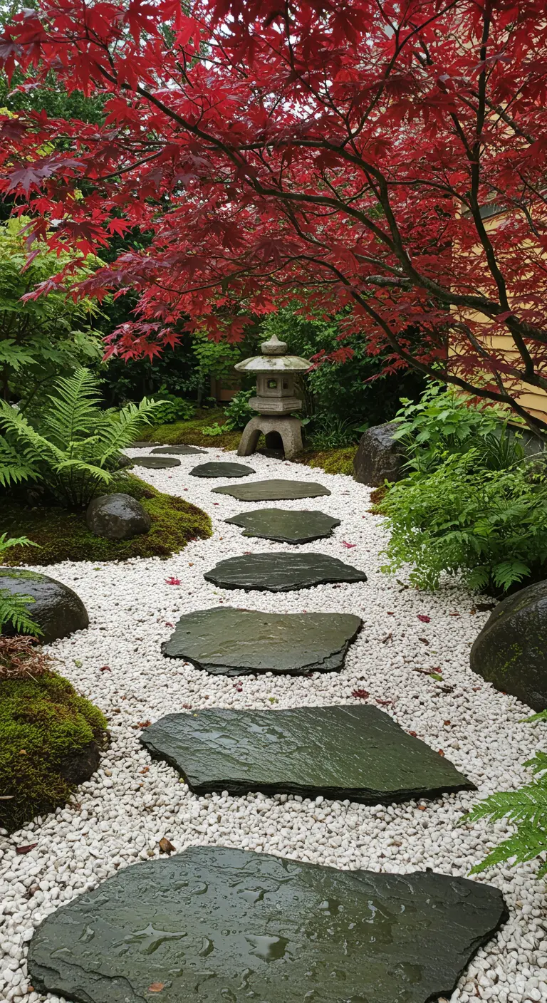 Pad van donkere, onregelmatige stapstenen op wit grind in een Japanse tuin.