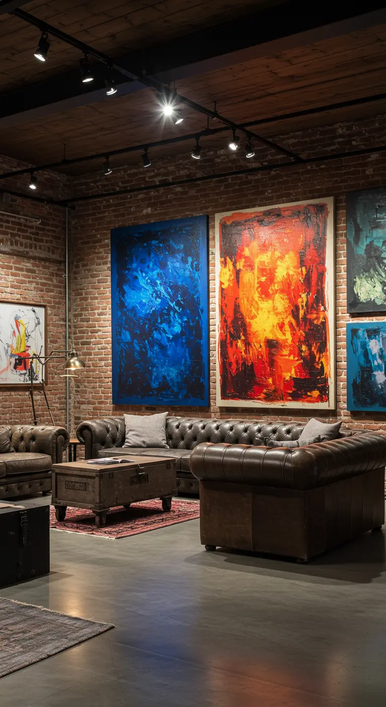 Twee grote abstracte schilderijen in blauw en oranje tegen een bakstenen muur in een loft.