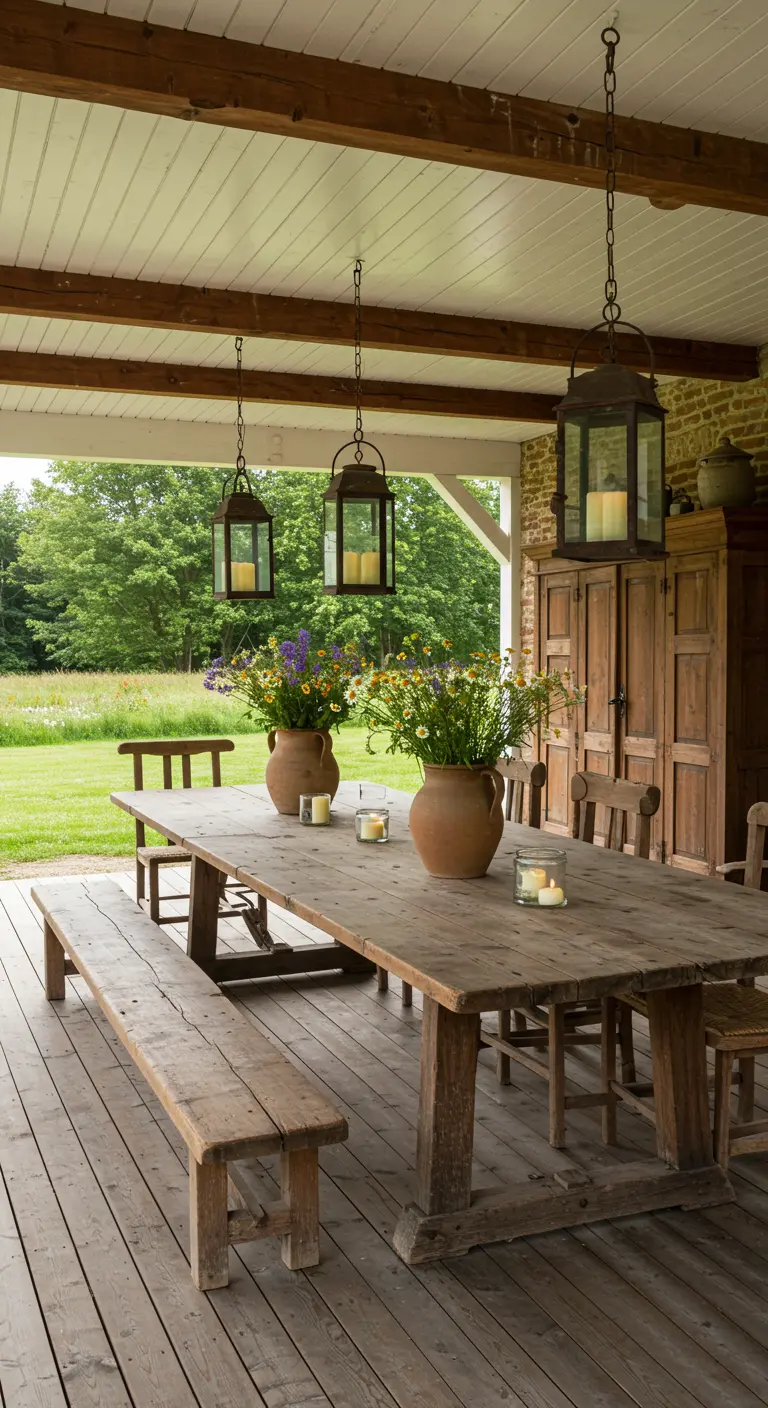 Overdekte veranda met een lange houten tafel, grote hangende lantaarns en veldbloemen.
