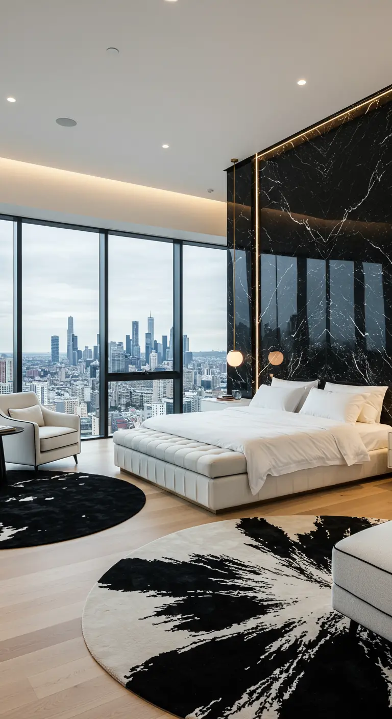 Luxe slaapkamer met panoramisch uitzicht, zwarte marmeren muur met lichtstrip en ronde zwart-witte vloerkleden.