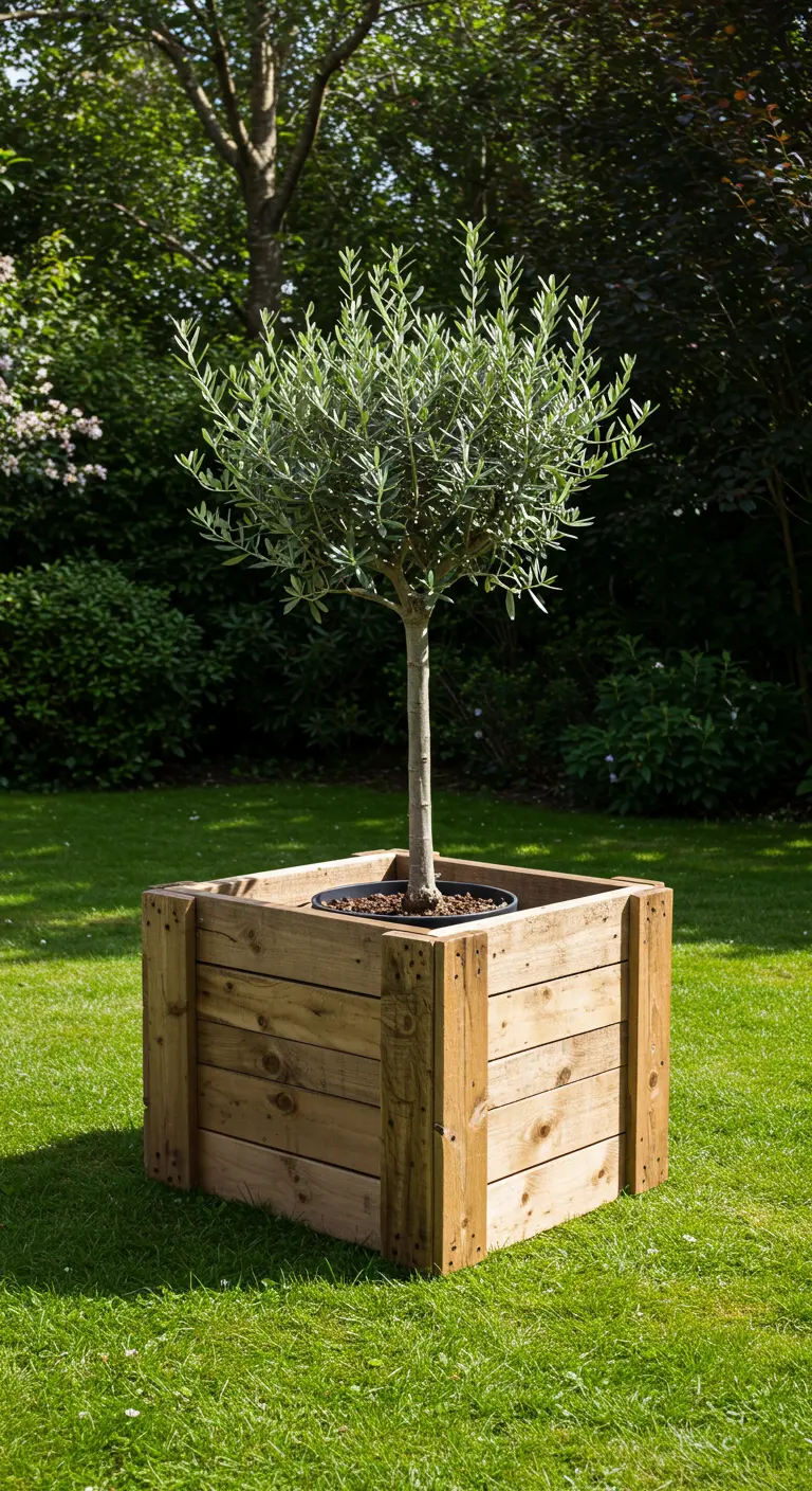 Grote, vierkante plantenbak gemaakt van palletplanken met een olijfboom erin.