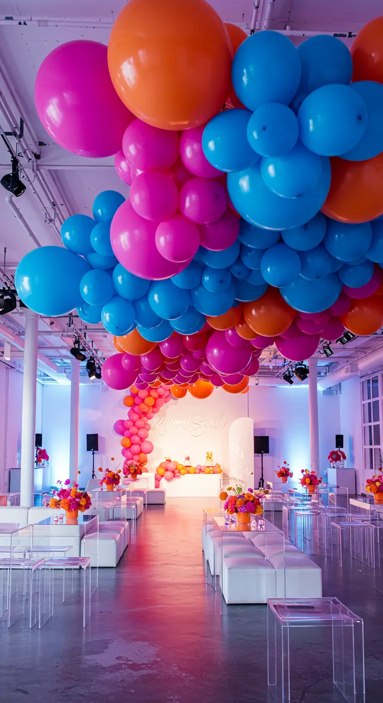 Grote wolk van roze, oranje en blauwe ballonnen die het plafond vullen van een evenementenruimte.