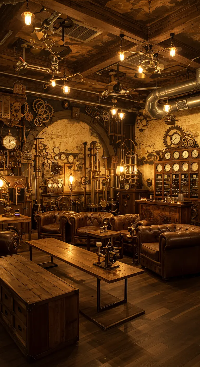 Steampunk-thema kamer met tandwielen, buizen, industriële lampen en leren fauteuils.