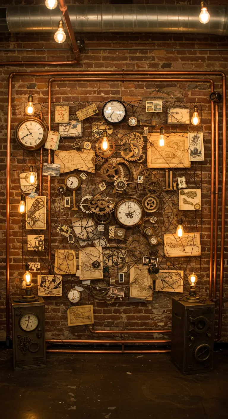 Steampunk-geïnspireerde muurdecoratie met klokken, tandwielen en oude kaarten op een bakstenen muur.