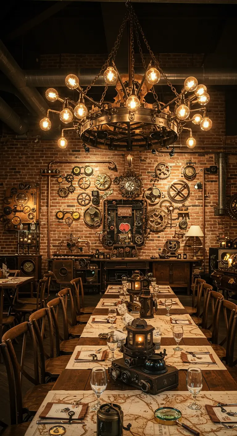 Gedetailleerde steampunk-dinersetting met tandwielen aan de muur en thematische tafeldecoratie.