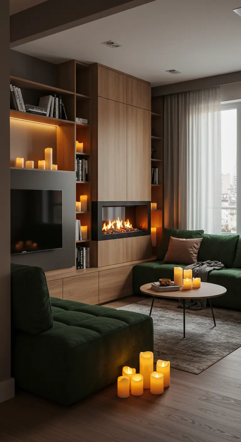 Moderne woonkamer met houten kastenwand, ingebouwde haard, groene bank en LED kaarsen.