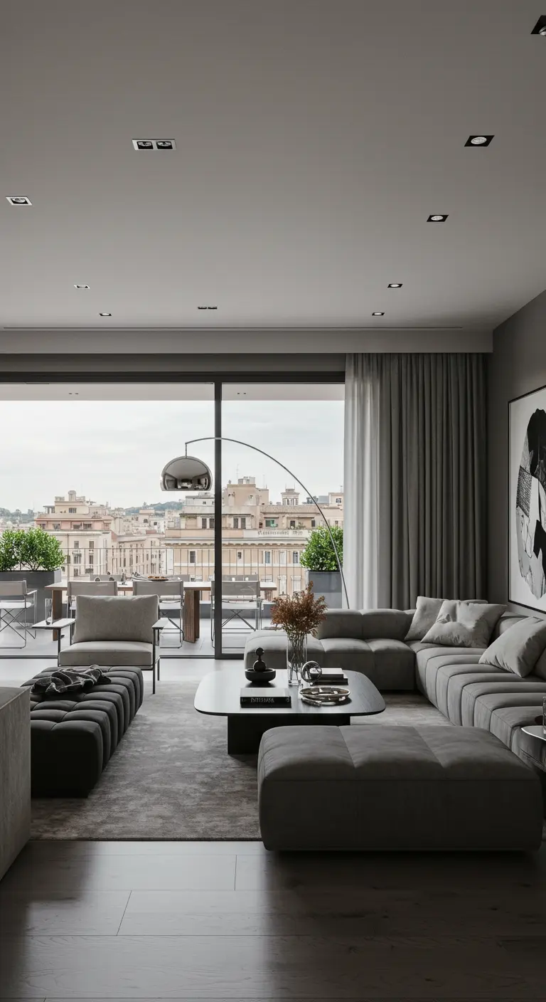 Moderne woonkamer met grijze loungebank, stadszicht en minimalistische inrichting.