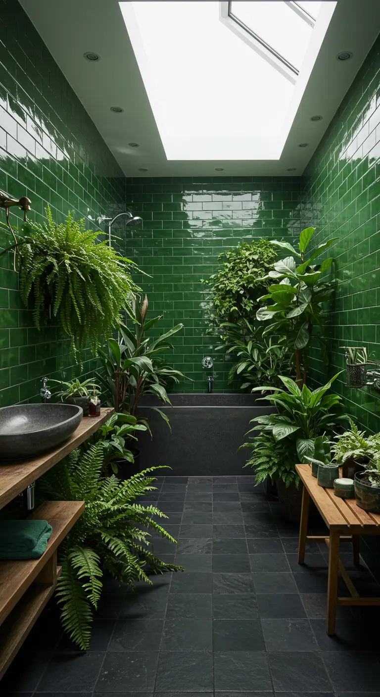 Smalle badkamer met glanzende groene tegels en veel planten.