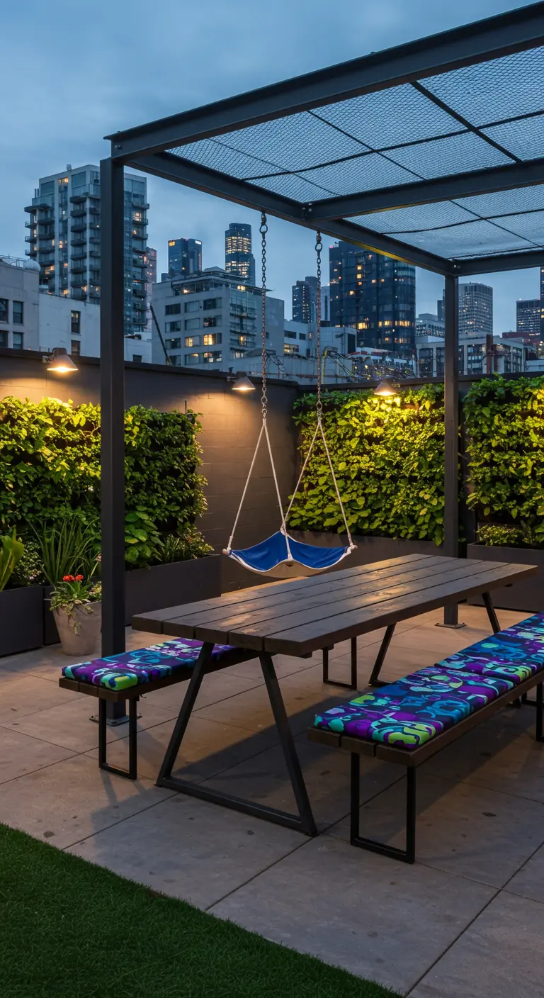 Modern dakterras met metalen pergola, twee schommels, lange picknicktafel en groene muur.