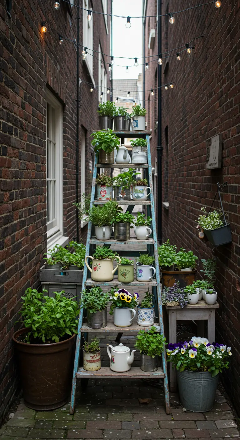 Smalle steeg met een oude blauwe ladder die is omgetoverd tot plantenrek met vintage potten en kopjes.