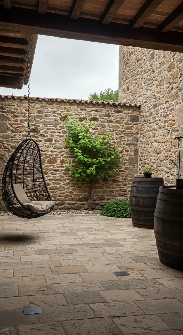 Zwarte rieten hangstoel op stenen patio met stenen muur, kleine boom en wijnvaten.