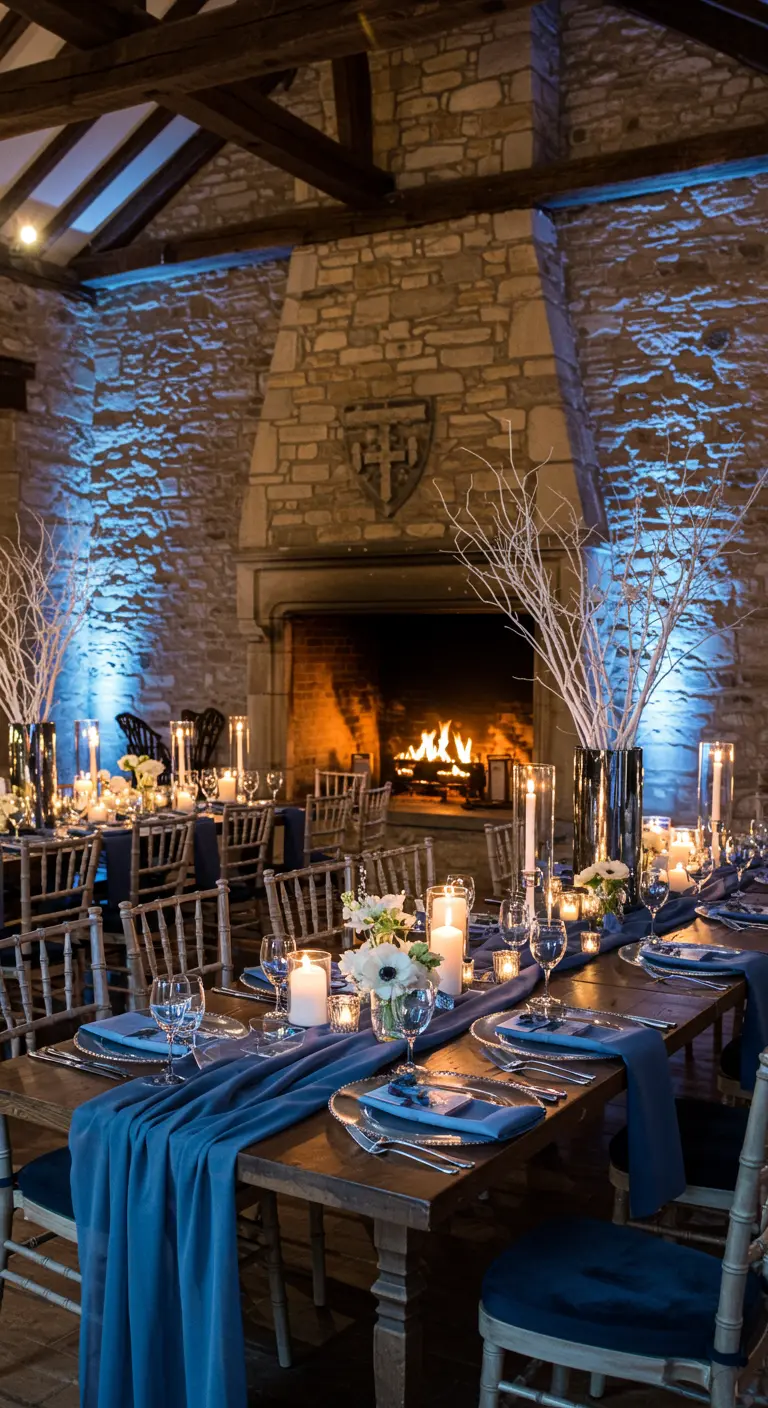 Diner in een stenen ruimte met een grote haard, verlicht met blauw licht en blauwe tafellopers.