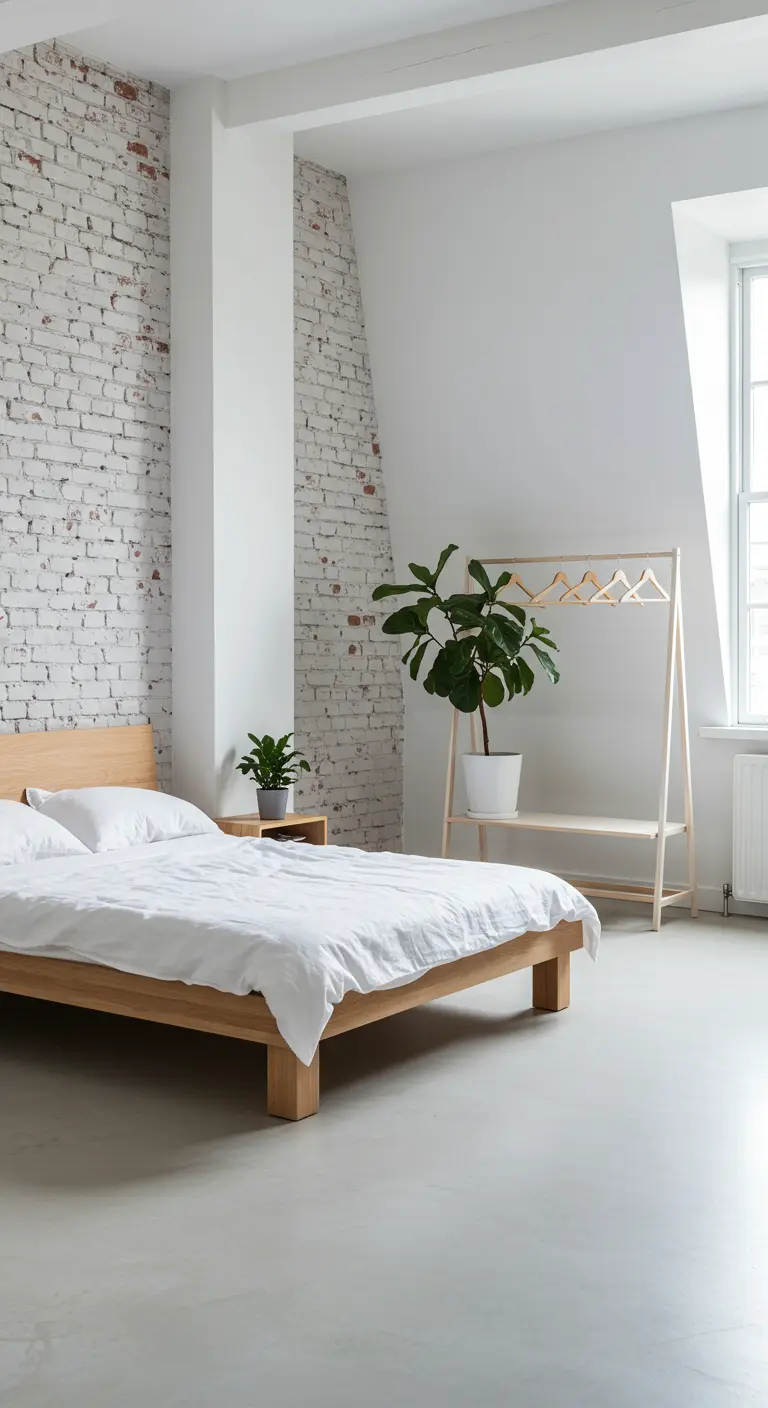 Slaapkamer met witte bakstenen muur, houten bed, planten en open kledingrek.