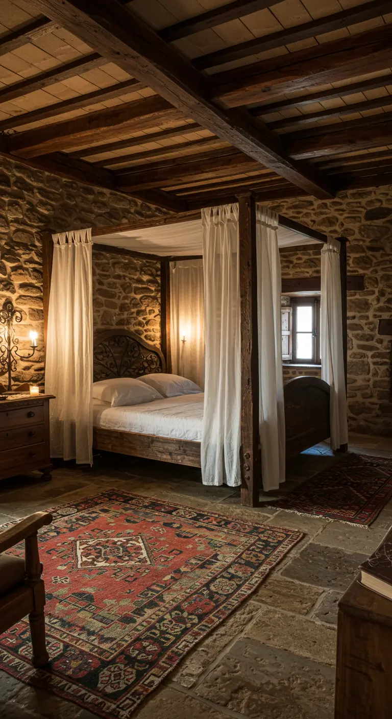 Rustieke slaapkamer met stenen muren, een houten hemelbed met witte gordijnen en een vintage tapijt.