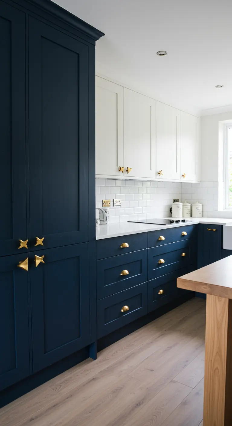 Witte en marineblauwe keuken met gouden ster handgrepen en wit tegel backsplash.