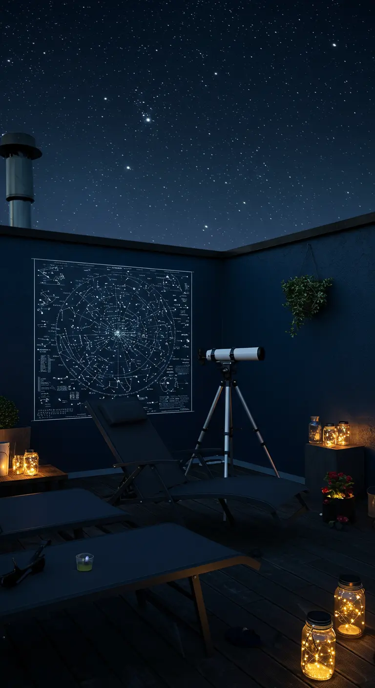 Dakterras met een telescoop, ligstoelen en een grote poster van een sterrenkaart.