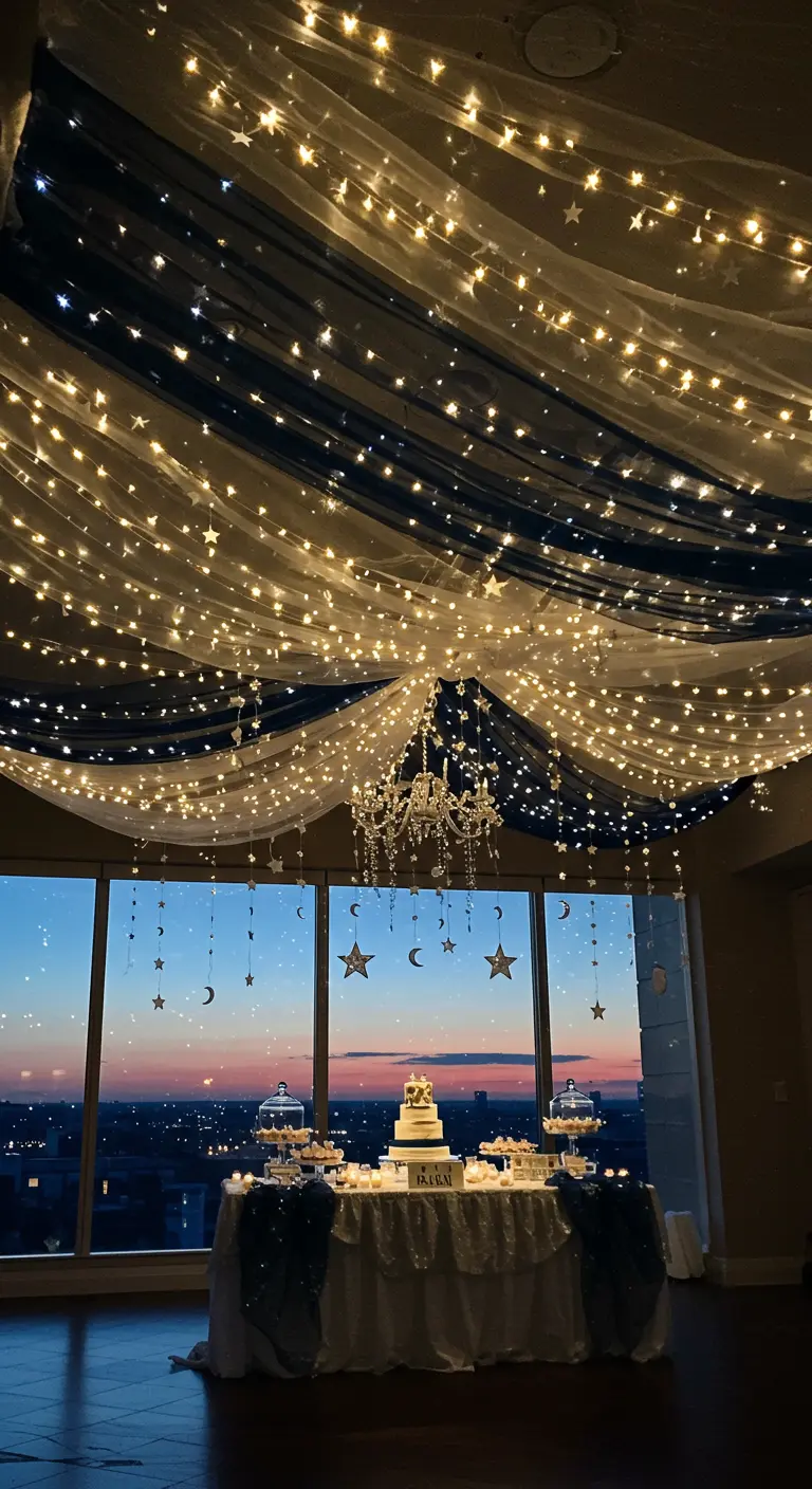 Donkerblauw en wit doek aan het plafond met talloze kleine lichtjes als een sterrenhemel.