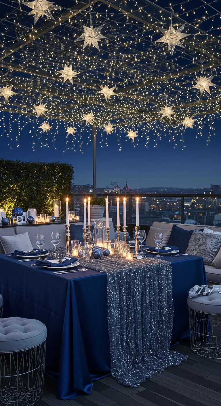 Dakterrasdiner met een plafond van lichtjes en een blauwe tafel met glitterloper.