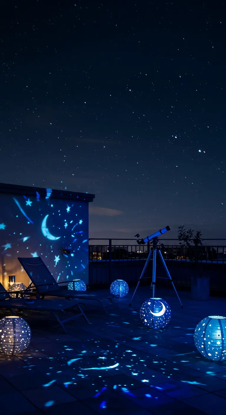 Dakterras 's nachts, waarbij lampionnen patronen van de maan en sterren op de vloer projecteren.