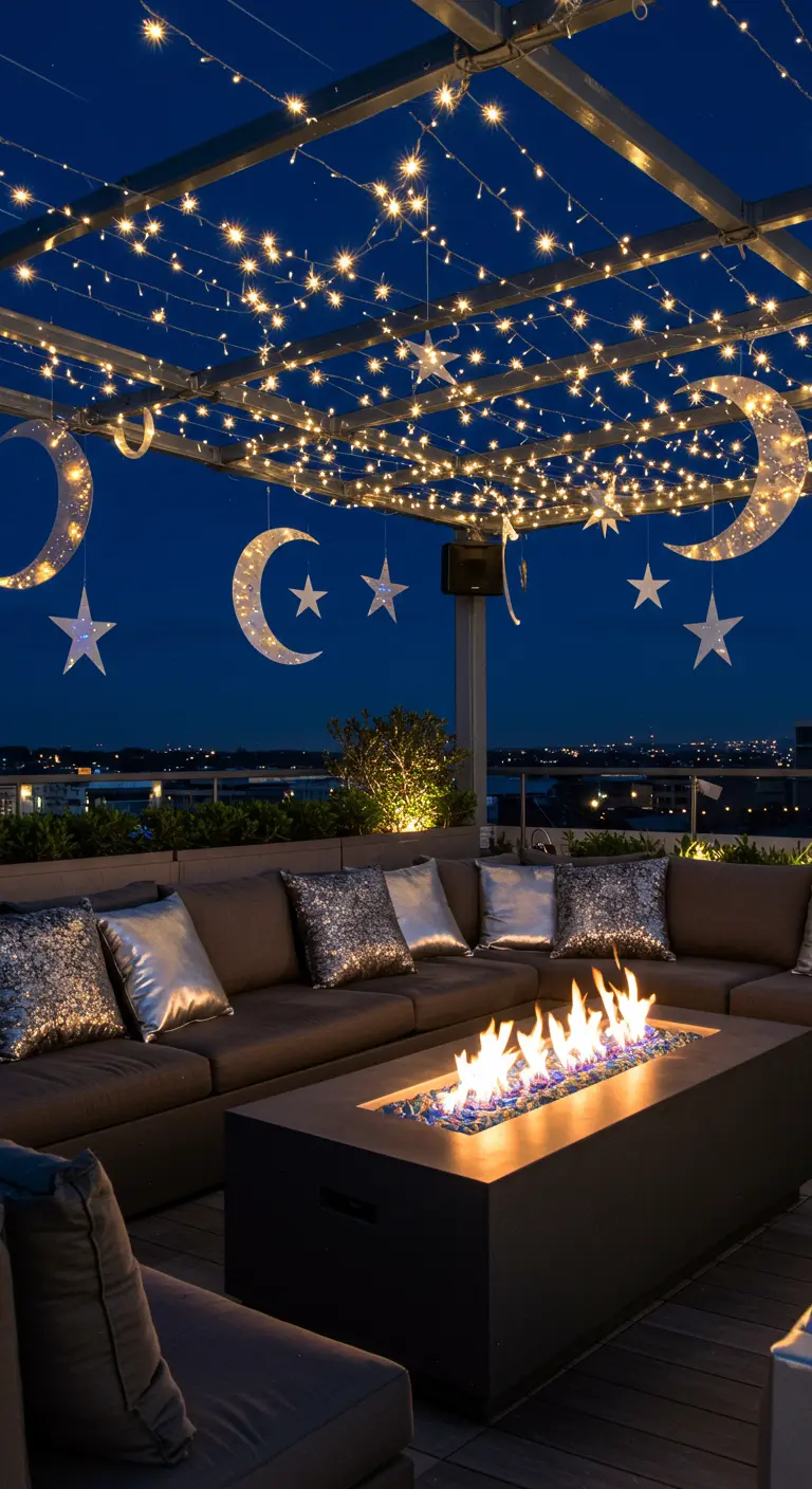Dakterras met een vuurplaats, loungebank en een plafond van sterrenlichtjes.