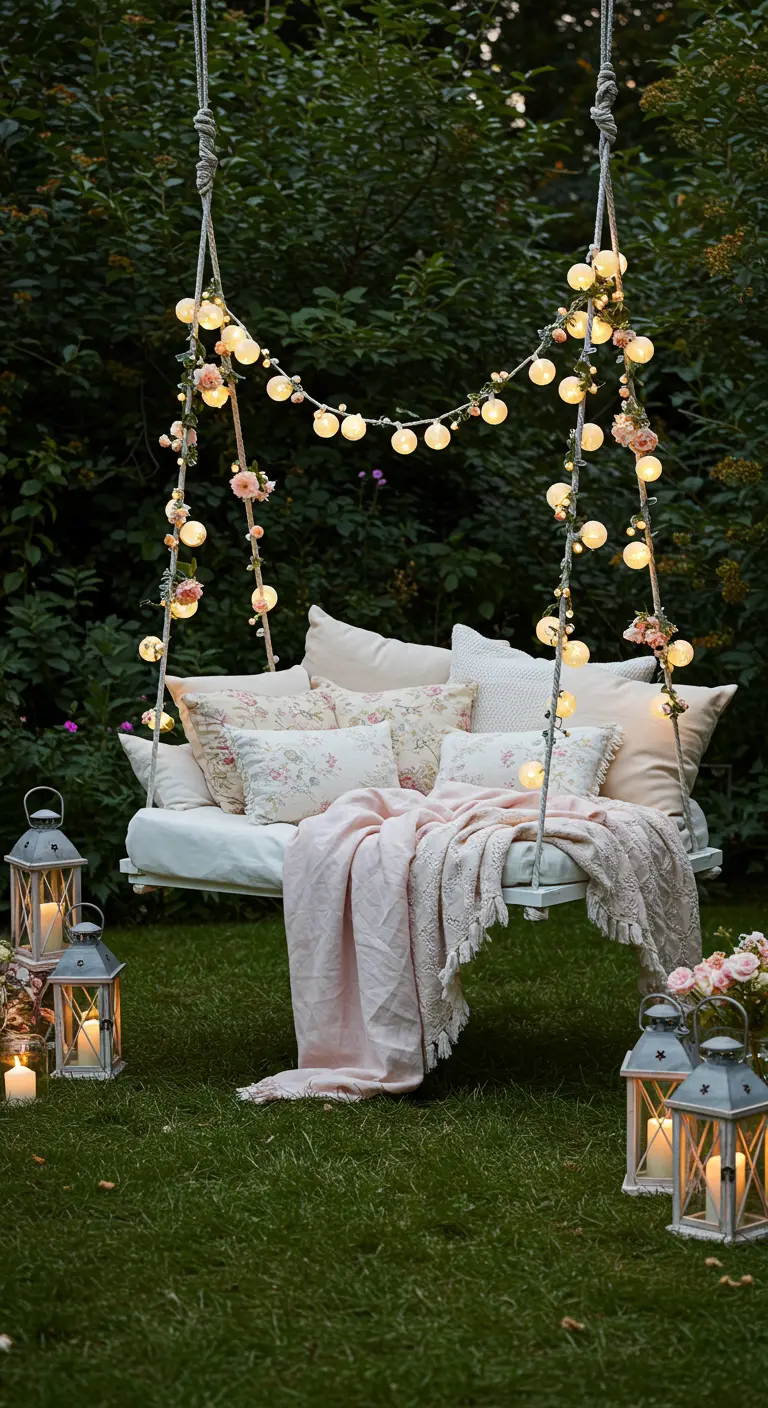 Witte schommelbank versierd met warme lichtslingers en veel kussens en dekens in de avondtuin.