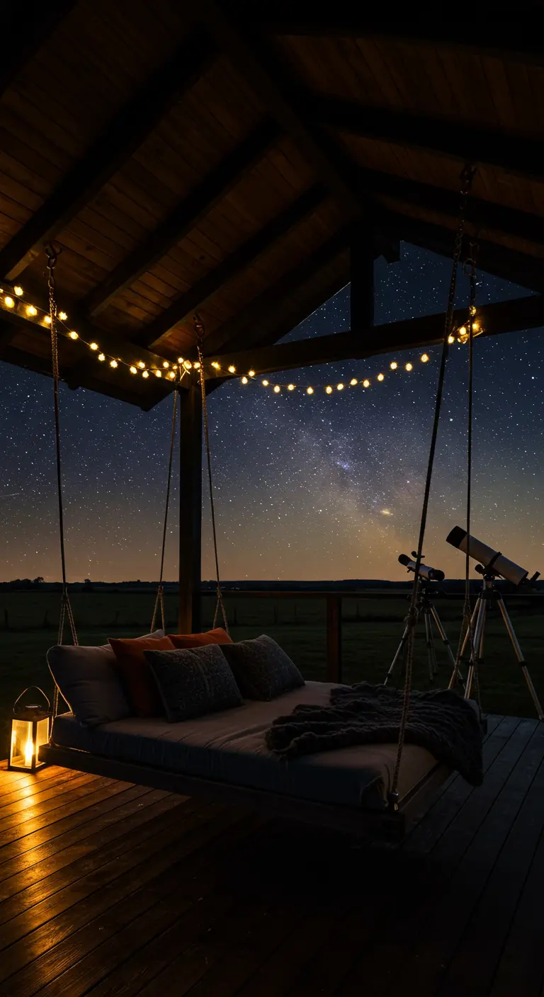 Schommelbed onder houten dak, nacht, sterrenhemel, lichtslingers, telescoop.