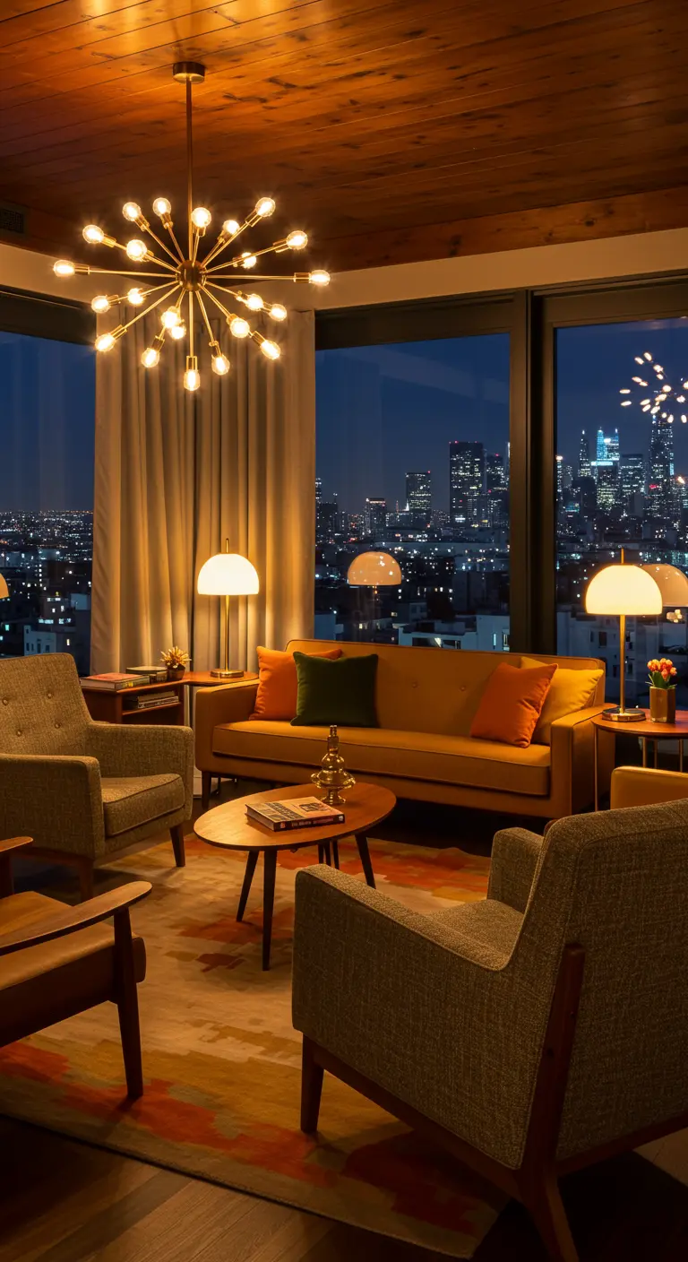 Woonkamer met uitzicht op skyline, gestyled met een stervormige hanglamp, gele bank en retro fauteuils.