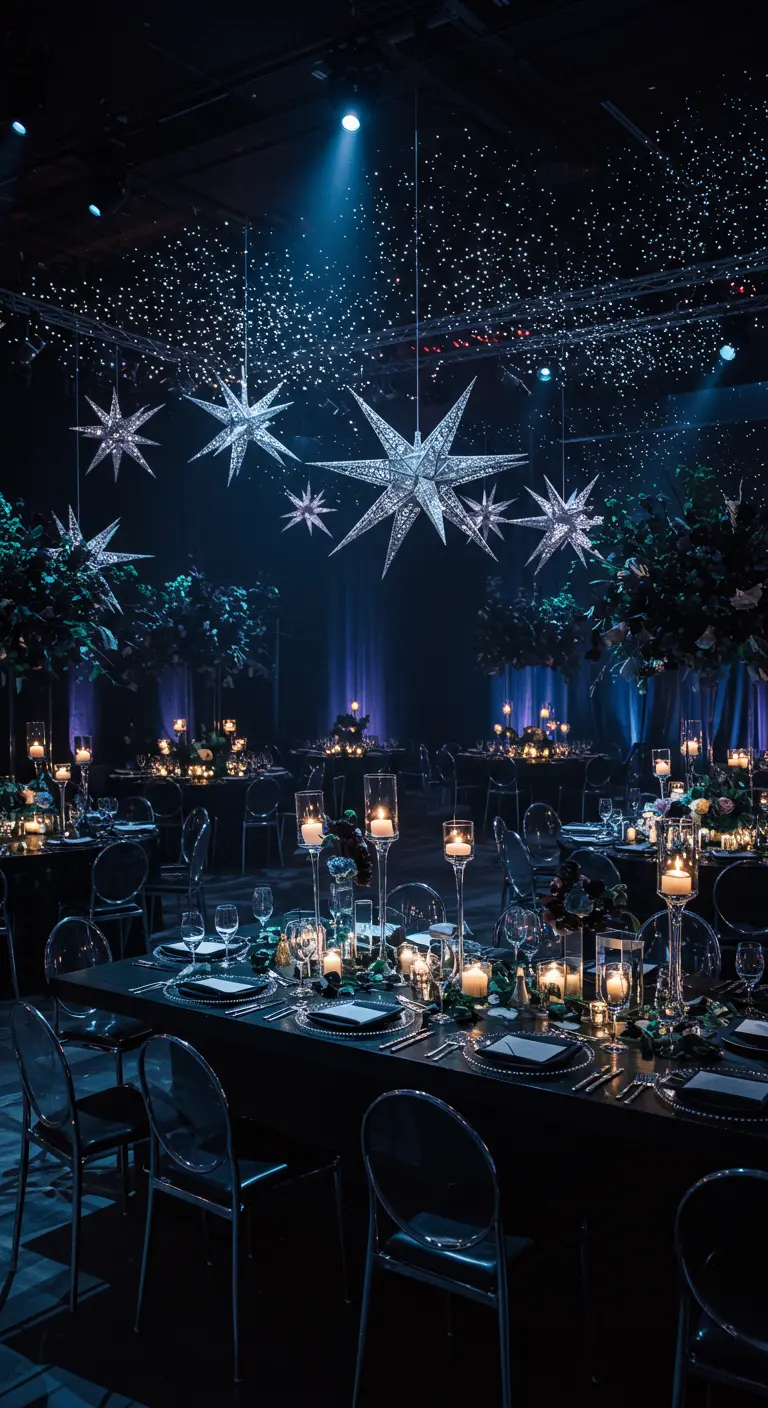 Donkere feestzaal met sterrenverlichting, hangende sterren en donkere bloemstukken.