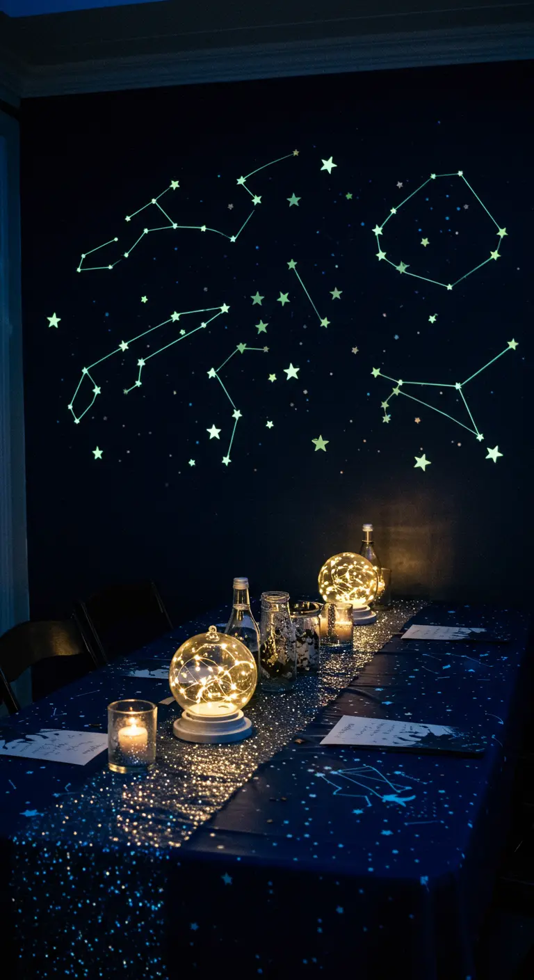 Donkere kamer met lichtgevende sterrenbeelden op de muur en lichtbollen op tafel.