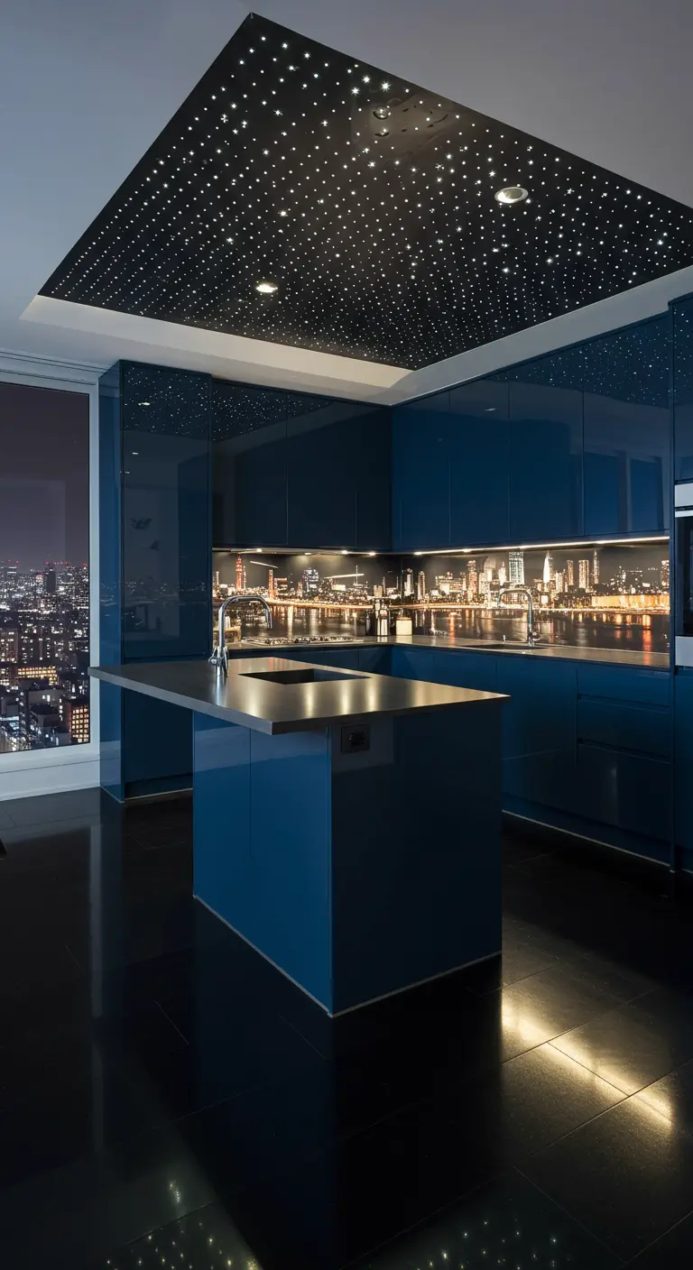 Donkerblauwe keuken met stadsgezicht backsplash en plafond met sterrenverlichting.