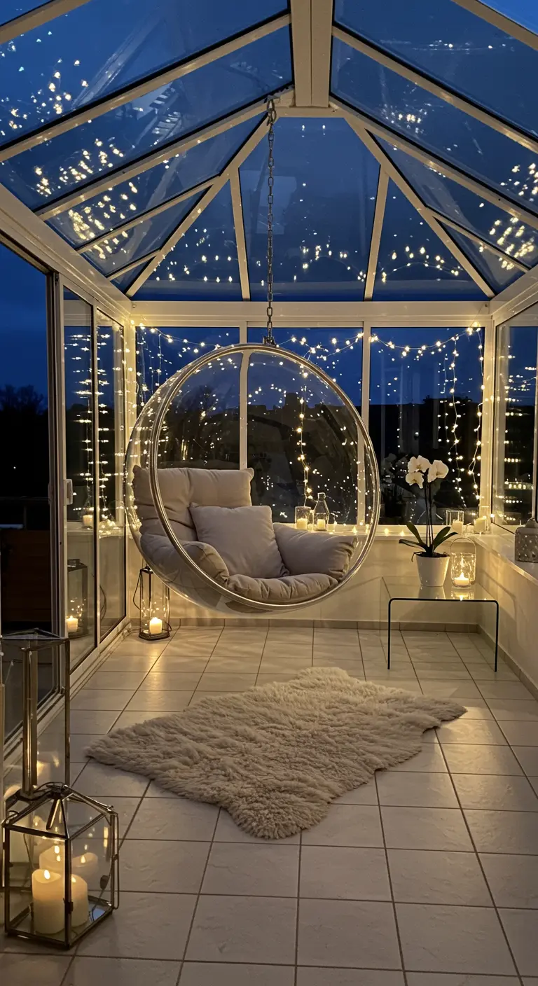 Transparante hangstoel in een glazen serre, 's nachts verlicht door talloze kleine lichtjes.