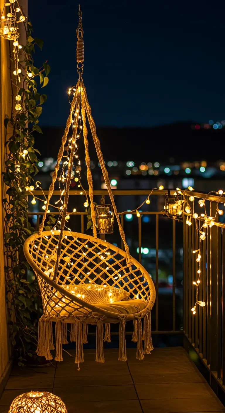 Macramé hangstoel op een balkon, 's nachts volledig versierd met fonkelende lichtslingers.
