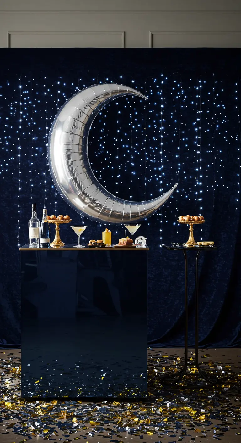 Donkerblauw doek met lichtjes en een maanballon als backdrop voor een bar.
