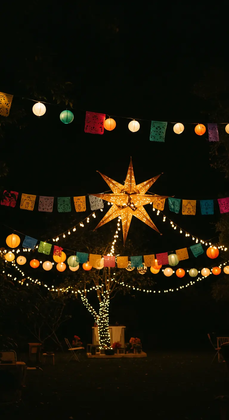 Nachtelijke tuin versierd met lichtslingers, lampionnen en een grote lichtgevende ster.