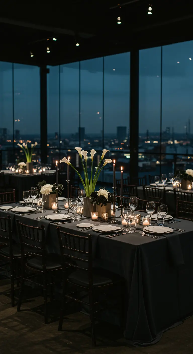 Modern stadsdiner met antracietgrijze tafelkleden en witte calla lelies als centerpiece.