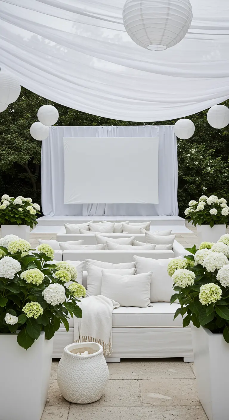 Elegante buitenbioscoop met witte meubels, witte doeken en witte hortensia's.