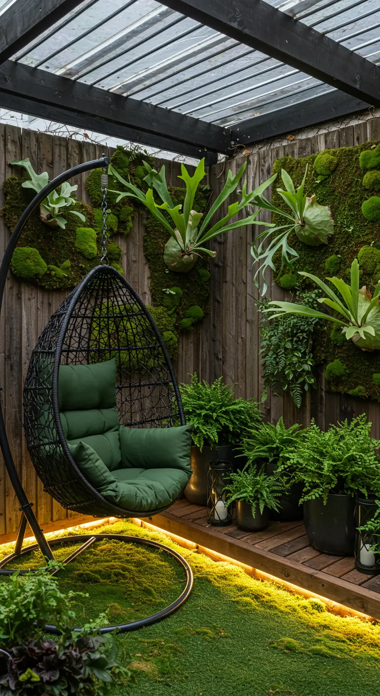 Zwarte eierstoel met groene kussens op houten vlonder met moswand en verlichting.
