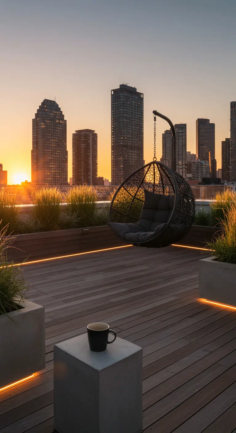 Zwarte hangstoel op modern dakterras met betonnen plantenbakken en stadsgezicht bij zonsondergang.