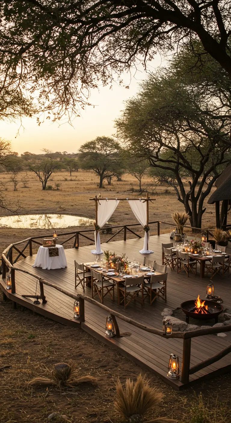 Bruiloftssetting op een houten deck van een safari lodge met uitzicht op de savanne.