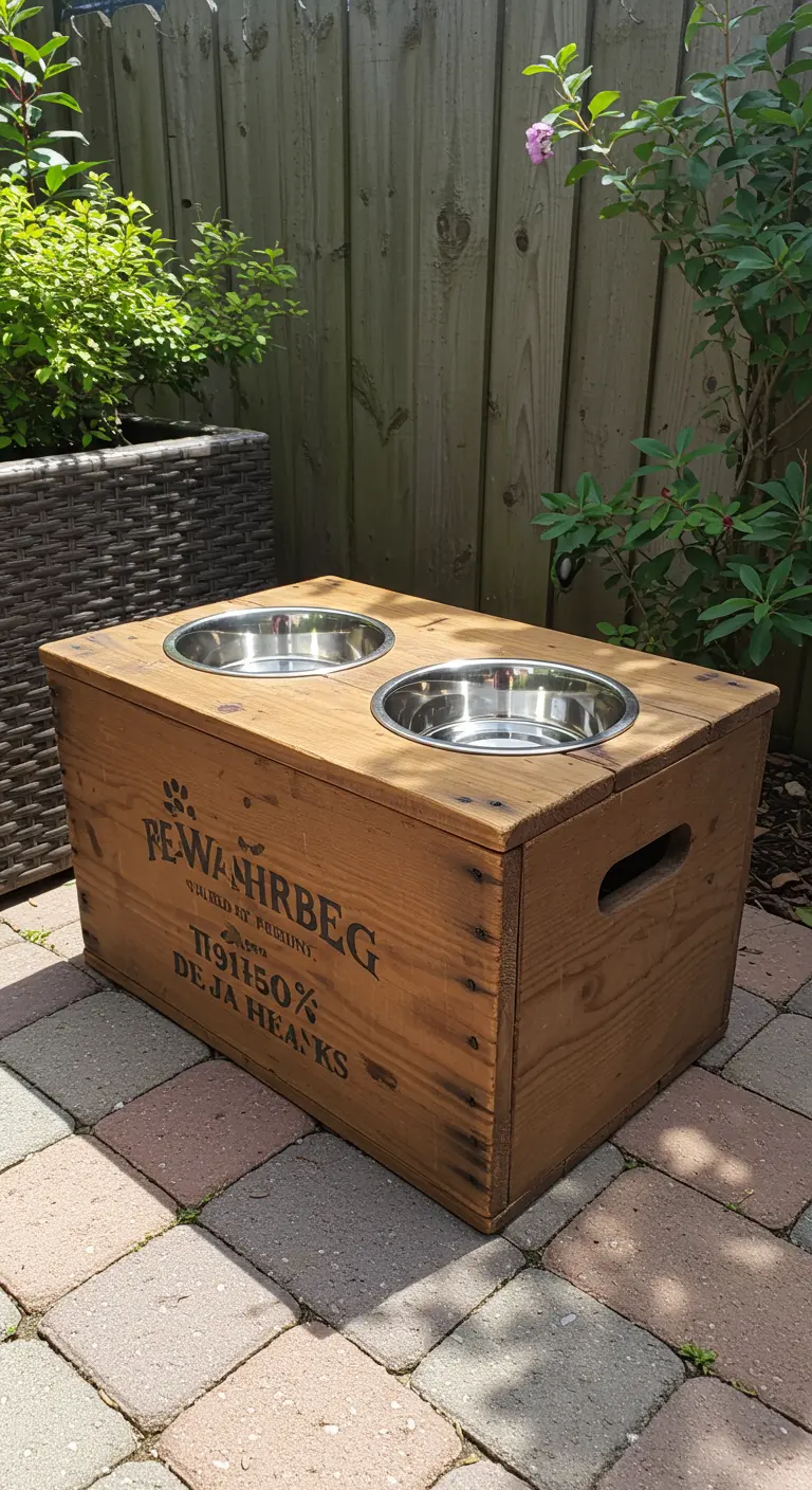 Een omgekeerde houten kist met twee RVS-voerbakken erin voor een hond.