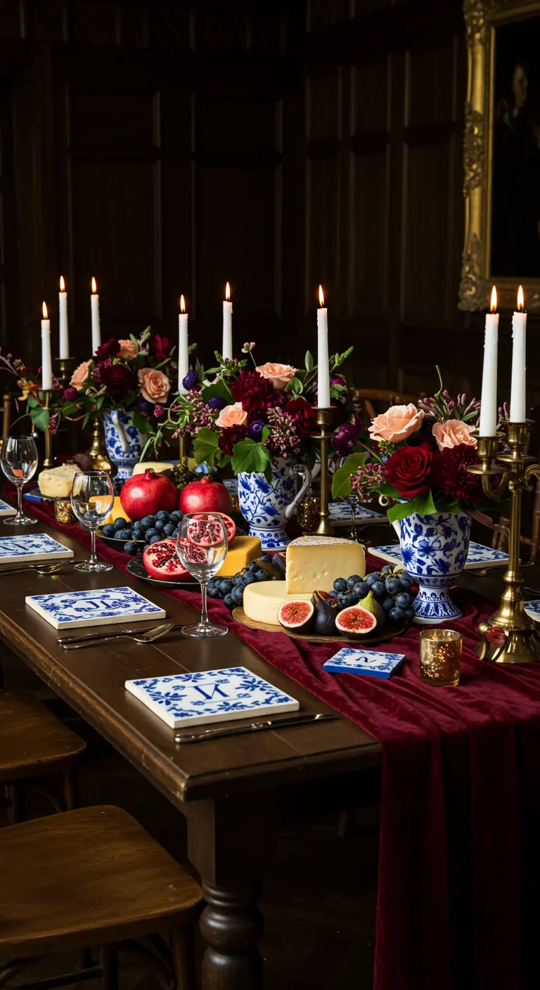 Donkere, weelderige tafel met fluweel, fruit, Delfts blauwe vazen en hoge kaarsen.